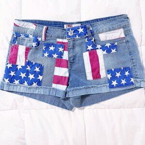 L.E.I. Ashley Y2K Patchwork American Flag Denim Blue Women's Shorts Size 15